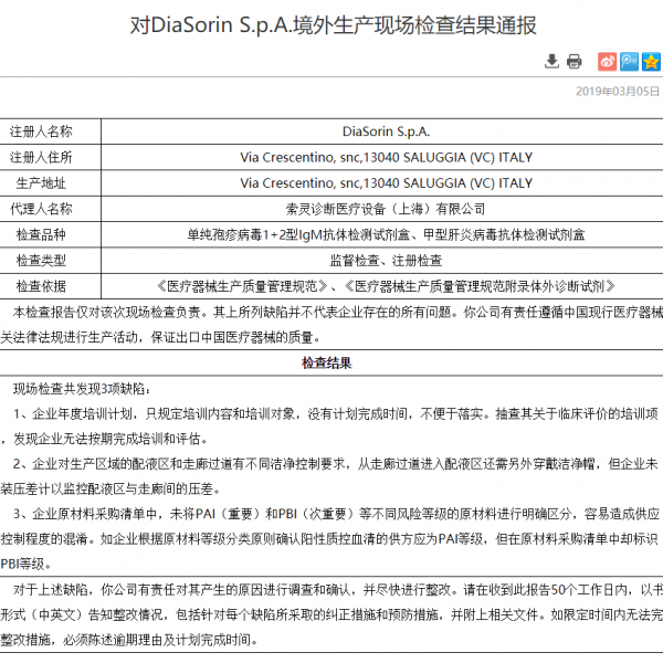 国家局通报7家境外医疗器械现场检查结果，1家体外诊断企业有缺陷！