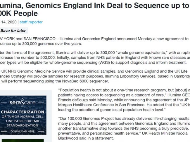 Illumina拿下Genomics England大订单，测完10万人基因组后再测30万人