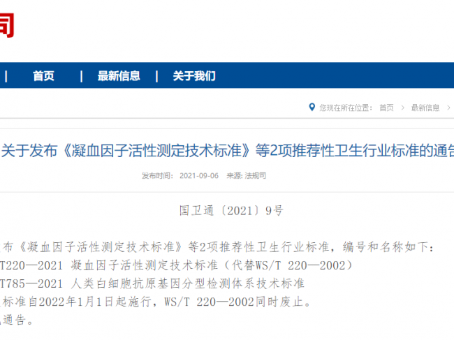 《凝血因子活性测定技术标准》等2项推荐性卫生行业标准发布