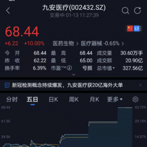 21亿国际大订单！10倍大牛股，九安又涨停了！