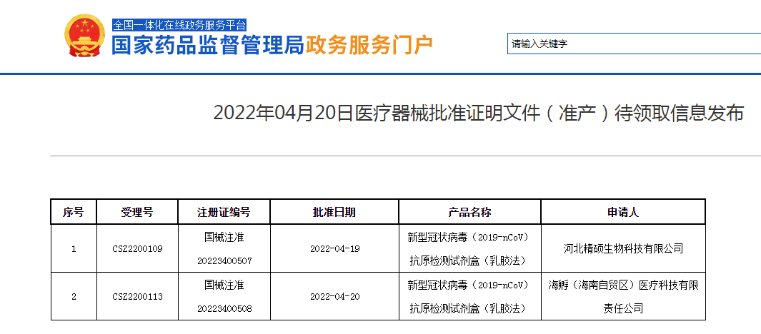 最新消息！又有两家新冠抗原产品获批（河北精硕生物、海孵医疗科技）